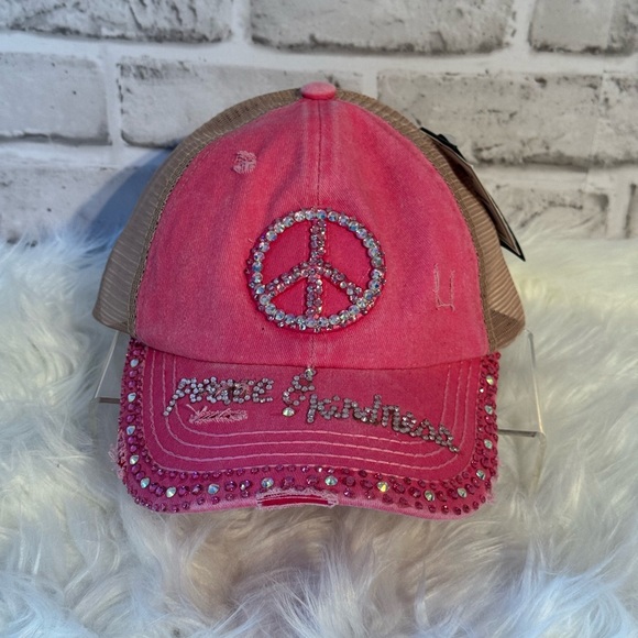 Accessories - Custom hand Rhinestoned Peace & Kindness  Ponytail Trucker Hat – NWT ✨